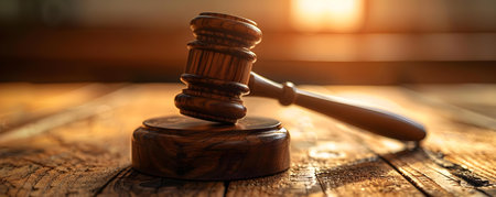 Symbol of Justice and Authority: Gavel on Wood in Warm Light. Concept Legal profession, Symbolism, Judicial system, Law and order, Courtroom aestheticsの素材