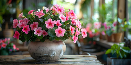 Potted flowers on table enhancing decor with beauty and freshness. Concept Table Decor, Potted Flowers, Home Beautification, Floral Arrangements, Nature-inspired Interiorsの素材