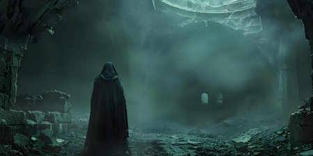 Mysterious figure in cloak presides over desolate underworld in eerie setting. Concept Mystery, Figure in Cloak, Desolate Underworld, Eerie Setting, Intrigueの素材