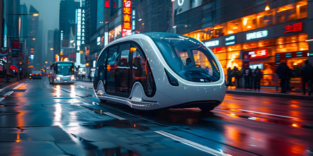 Innovative transport vehicle navigating city streets symbolizing future logistics and efficiency. Concept Future Logistics, Innovative Transport, City Streets, Efficiency, Vehicle Technologyの素材
