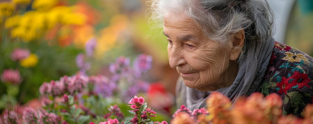 Senior woman enjoying therapeutic gardening tending to her colorful garden with care. Concept Therapeutic Gardening, Senior Health, Colorful Garden, Outdoor Activities, Wellness & Agingの素材