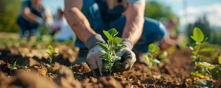 Neighbors work together to plant trees embodying a sustainable living ethos. Concept Community Collaboration, Sustainability, Tree Planting, Neighborhood Unity, Environmental Consciousnessの素材