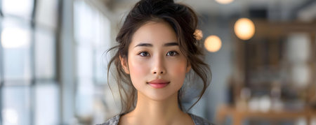 Asian Woman with Radiant Skin: Skin Care Concept. Concept Asian beauty, Glowing skin, Skincare routine, Radiant complexion, Confidence boostingの素材