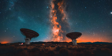 Exploring the Cosmos: Radiotelescopes Unveil Mysteries from Earth's Observatory. Concept Astronomy, Space Exploration, Radiotelescopes, Earth's Observatory, Cosmic Mysteriesの素材