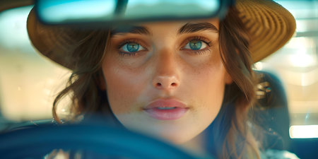 Woman adjusts rearview mirror preparing for road trip in car journey. Concept Road Trip, Travel Adventure, Car Journey, Solo Travel, Rearview Mirrorの素材