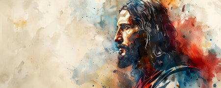 Religious watercolor painting of Jesus Christ with space for text. Concept Religious Art, Watercolor Painting, Jesus Christ, Spiritual Illustration, Text Spaceの素材
