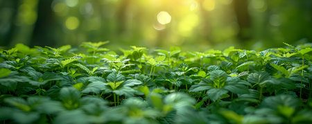Vibrant green foliage on ground a variety of plants in focus. Concept Botanical Garden, Greenery, Nature Photography, Plant Life, Environmental Beautyの素材