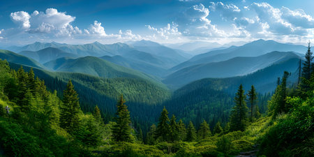 Stunning Carpathian Mountains landscape with lush forest under a clear blue sky. Concept Mountain Scenery, Forest Views, Clear Skies, Nature Photography, Landscape Beautyの素材