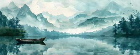 Serene Asian landscape watercolor illustration of lake mountains boat forest relaxation. Concept Watercolor painting, Asian landscape, Serene lake, Mountain scenery, Forest relaxationの素材
