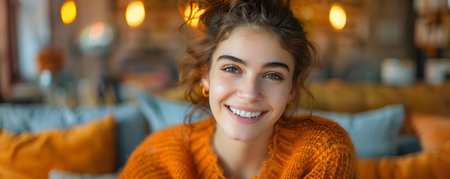 Portrait of a young woman in an orange sweater smiling against a matching background. Concept Portrait Photography, Lifestyle, Smiling, Color Coordination, Young Womanの素材