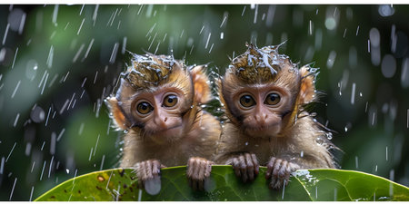 Two tiny primates seek shelter indoors during a rainstorm exemplifying resilience. Concept Resilient Primates, Indoor Shelter, Rainstorm, Tiny Creatures, Seeking Safetyの素材