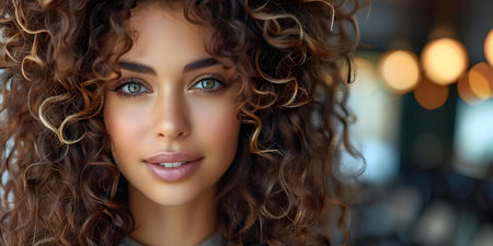 Elegant Curls: Modern Salon featuring Stylish Hair and Makeup. Concept Modern Hairstyles, Glamorous Makeup, Chic Salon, Trendy Looks, Stylish Curlsの素材