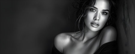 Elegant young woman poses in black and white, capturing timeless beauty. Concept Beauty Photography, Elegant Portraits, Black and White Photos, Timeless Styleの素材