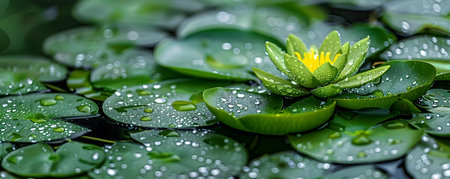 Glistening Droplets Adorning Water Plants: A Serene Display of Nature's Beauty. Concept Water plants, Glistening droplets, Nature's beauty, Serene displayの素材