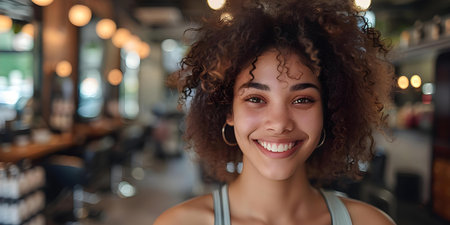 Woman smiling while getting styled at a hair salon. Concept Hair Salon, Styling Session, Beauty Treatment, Smiling Woman, Salon Makeoverの素材