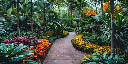 Colorful botanical garden filled with diverse plants trees flowers creating lush oasis. Concept Botanical Garden, Diversity of Plants, Lush Oasis, Colorful Flowers, Tree Landscapeの素材