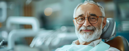 old man in the dentists chair in the dentists chair treating teeth centered professional photo copy space. Concept Dental Treatment, Senior Patient, Professional Care, Copy Space, Dentist's Chairの素材