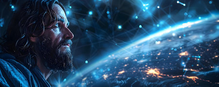 A futuristic depiction of Jesus overseeing Earth through advanced technological means. Concept Religious Art, Futuristic Vision, Technological Jesus, Earth's Guardian, Divine Interventionの素材