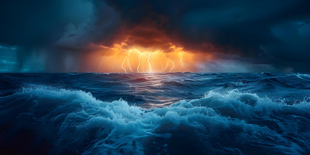 Fierce fireball and lightning storm illuminated turbulent blue ocean waves. Concept Nature Photography, Elemental Forces, Dramatic Landscapes, Stormy Seascape, Dynamic Lightingの素材