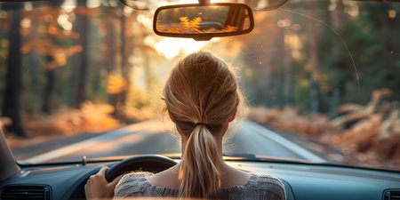 Woman adjusts rearview mirror in preparation for a road trip by car. Concept Travel, Road trip, Car journey, Woman driver, Rearview mirror,の素材
