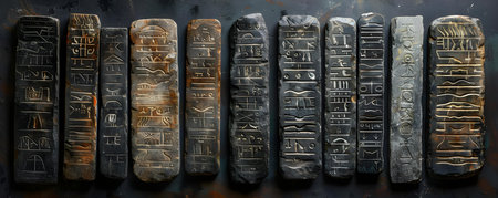 Ancient Stone Tablets Inscribed with the Ten Commandments: A Biblical Symbol of Guidance. Concept Religious Artifacts, Historical Symbols, Mosaic Covenant, Divine Inspirationの素材