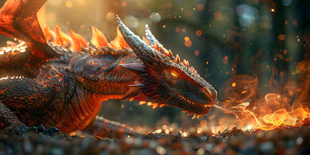 Dragon breathes fire in enchanted magical forest looping timelapse background. Concept Fantasy, Dragon, Enchanted Forest, Fire, Timelapseの素材