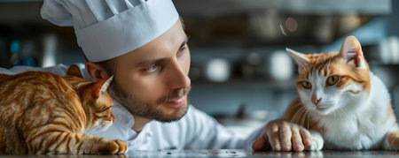 A chef with a fresh uniform watching a cat in their workspace. Concept Food Industry, Chefs, Cats, Workspaces, Observingの素材