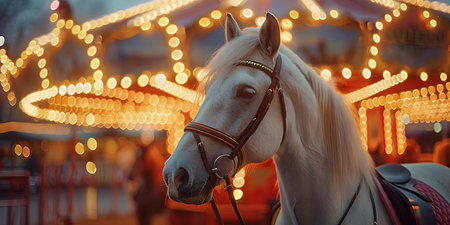 A Festive Circus White Horse Bathed in Bright Yellow and Red Lights. Concept Circus Performances, Festive Celebration, Animal Photography, Vibrant Lighting, Colorful Propsの素材
