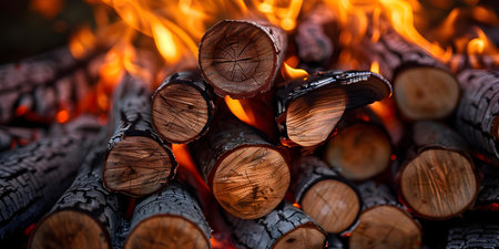 Burning birch firewood in fireplace adds cozy warmth to room closeup. Concept Burning Birch Firewood, Cozy Fireplace, Warmth, Close-up Shotの素材