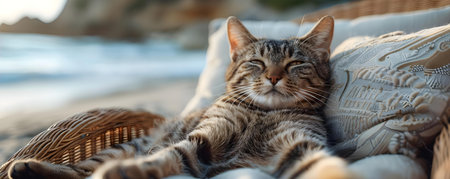 A chic feline lounging on a beach chair. Concept Animal Photography, Beach Day, Chic Style, Cat Relaxing, Sunny Posesの素材