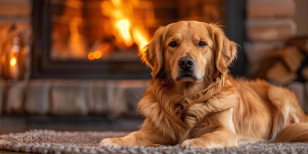 An Effortlessly Relaxed Golden Retriever by a Cozy Fireplace in Stylish Decor. Concept Home Decor, Stylish Settings, Cozy Moments, Golden Retriever, Relaxed Petsの素材
