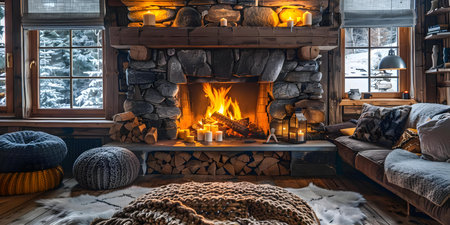 Rustic fireplace setting adds a cozy vibe to the living room. Concept Cozy Atmosphere, Rustic Decor, Living Room Designの素材