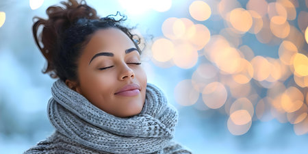 Beautiful woman with dark skin applies lotion to neck in cozy setting. Concept Skincare Routine, Moisturizing, Self-Care, Dark Skin Beauty, Cozy Settingの素材