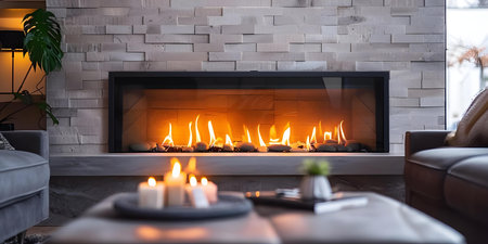 Chic interior design with an electric fireplace and elegant decor finesse. Concept Chic Interior Design, Electric Fireplace, Elegant Decor, Finesseの素材