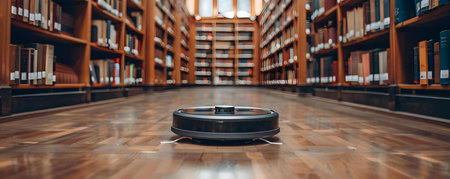 Maintaining Tidy Shelves in a Busy Atmosphere: A Robotic Vacuum's Efficient Navigation in a Spacious Library. Concept Shelf Organization, Library Navigation, Robotic Vacuum Efficiency, Tidying Tipsの素材