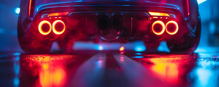 Customized highperformance car exhaust system in neon lights on dark background. Concept Neon Lights, Customized Exhaust System, High Performance, Dark Background, Automotive Customizationの素材
