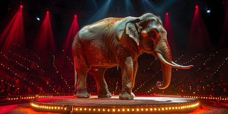 An elephant performs a balancing act during a lively circus performance. Concept Circus Performance, Balancing Act, Elephant, Lively Entertainment, Skillful Performanceの素材