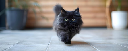 Elegant Black Persian Cat frolics on a clean floor a minimalist backdrop. Concept Minimalist Photography, Elegant Pets, Black Cats, Indoor Photoshoot, Stylish Backdropsの素材