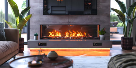 Cozy fireplace in modern living room with seamless looping video overlay. Concept Fireplace ambiance, Modern living room, Seamless looping video, Cozy atmosphereの素材