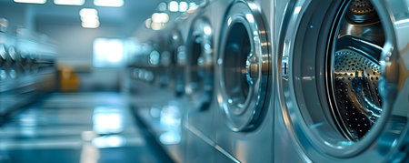 Modern Laundry Machines in a Public Facility with Space for Text. Concept Laundry Technology, Public Spaces, Modern Appliances, Infographics, Commercial Useの素材