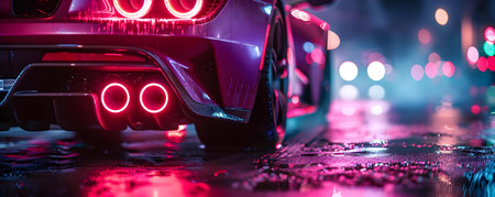 Neon-Lit High-Performance Custom Car Exhaust System against Dark Background. Concept Custom Cars, Neon Lighting, High Performance, Exhaust Systems, Dark Backgroundの素材