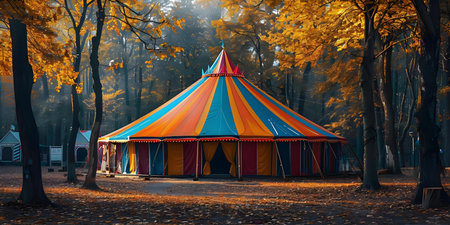 Vibrant circus tent contrasts with nature in outdoor scene. Concept Amusement Park Photoshoot, Circus Theme, Nature Setting, Colorful Costume, Outdoor Photographyの素材