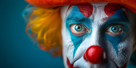 Colorful circus clown with copy space joyful expressions and dynamic poses. Concept Colorful Circus Clown, Joyful Expressions, Dynamic Poses, Copy Space, Playful Portraitsの素材