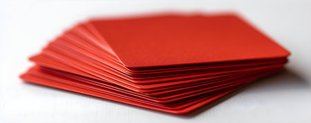 Stack of vibrant red business cards on a white background. Concept Product Photography, Business Cards, Vibrant Colors, White Backgroundの素材
