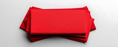 Perfectly arranged vibrant red business cards on a white background. Concept Product Photography, Business Cards, Branding, Red Color, White Backgroundの素材