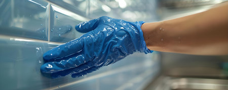 A Sanitary Blue-Gloved Hand Ensuring Spotless Sanitation. Concept Sanitary Guidelines, Cleanliness Standards, Glove Safety, Hygiene Protocols, Health Precautionsの素材