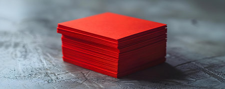 Flawless stack of vibrant red professional cards on white background. Concept Red Cards, Professional Photography, Vibrant Colors, White Background, Flawless Stackingの素材