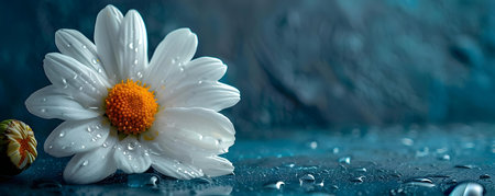 Close-up Shot of a Lively White Daisy Against a Moody Dark Background. Concept Close-up Photography, White Daisy, Moody Background, Lively Nature, Floral Portraitの素材