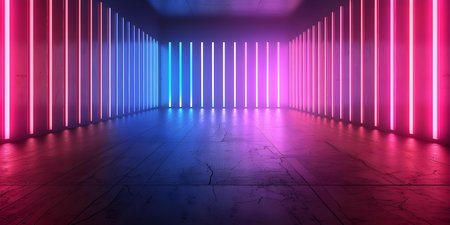 Ultraviolet neon backdrop with vibrant glowing pink and blue vertical lines. Concept Neon Backdrop, Vibrant Colors, Glowing Lines, Ultraviolet Glow, Eye-catching Backgroundsの素材