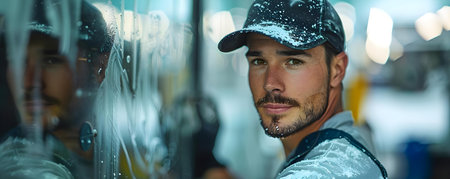 Technician skillfully buffs and polishes glass creating flawless transparent windows. Concept Window Cleaning, Glass Polishing, Technician Skills, Flawless Windows, Transparent Finishesの素材